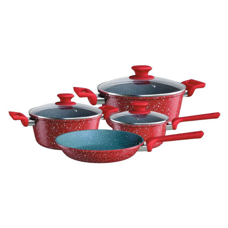 Conjunto de panelas ColorStone 4 peças de alumínio com antiaderente e tampa de vidro Volcano Vermelho ALU8709-VO - Euro Home