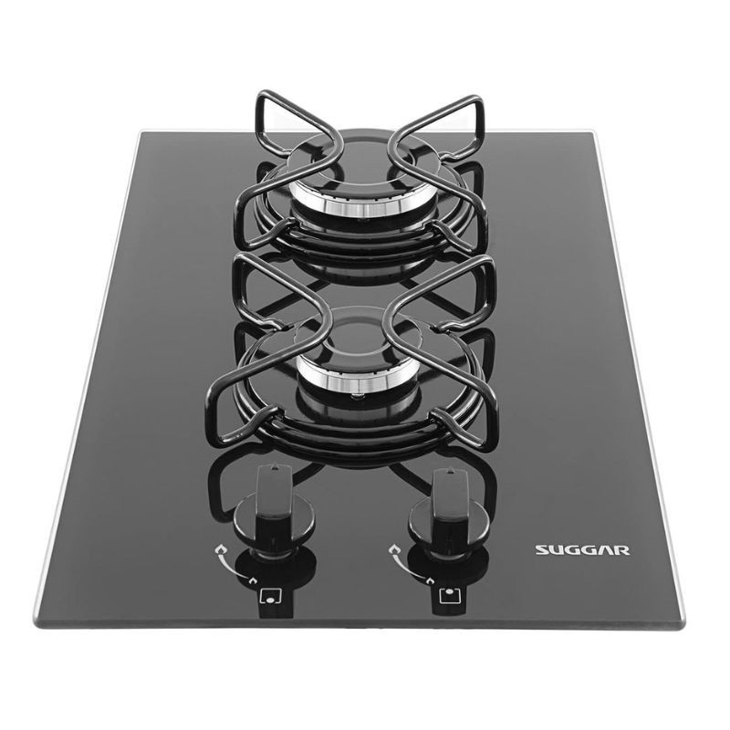 Cooktop A Gás Vidro Preto 2 Queimadores Esmaltados Diferentes Tamanhos - Suggar
